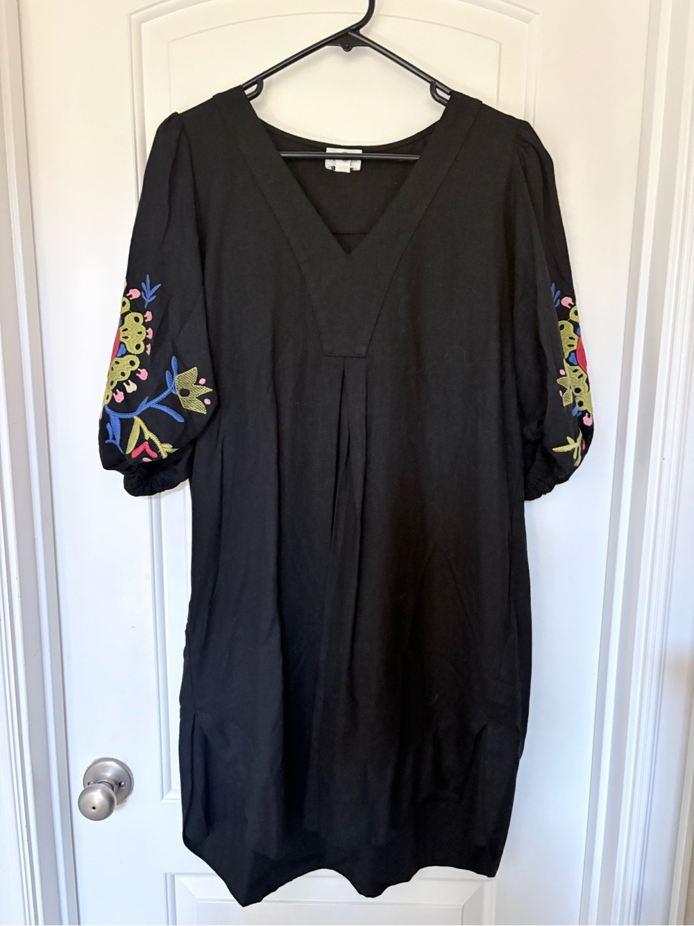 For Cynthia Black Midi Dress with Embroidered Puff Sleeves